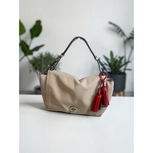 Coach Beige Perforated Leather Shoulder Bag Red Tassel Turnlock